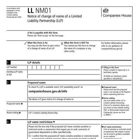 Document preview: Change of name of a limited liability partnership (LL NM01) — Companies House, United Kingdom