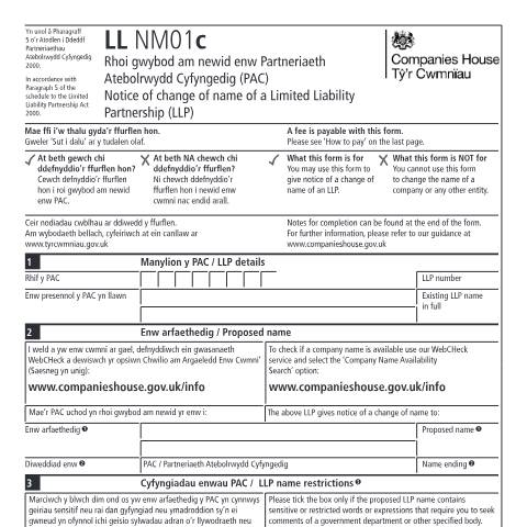 Document preview: Change of name of a limited liability partnership (LL NM01c) — Companies House, United Kingdom