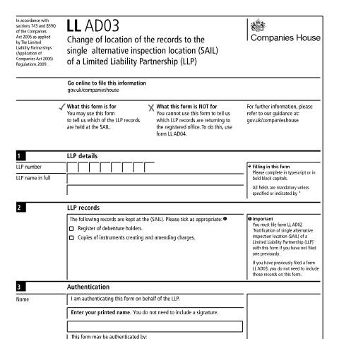 Document preview: Change location of records to the single alternative location: limited liability partnership (LL AD03) — Companies House, United Kingdom