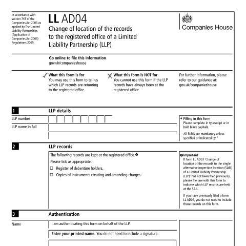 Document preview: Change location of records to registered office: limited liability partnership (LL AD04) — Companies House, United Kingdom