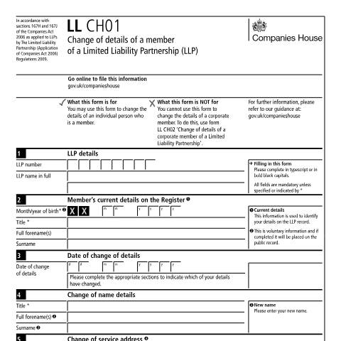 Document preview: Change details of a member of a limited liability partnership (LL CH01) — Companies House, United Kingdom