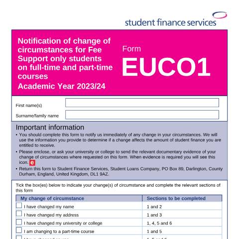 Document preview: Change of circumstances form for EU students — Student Loans Company, United Kingdom
