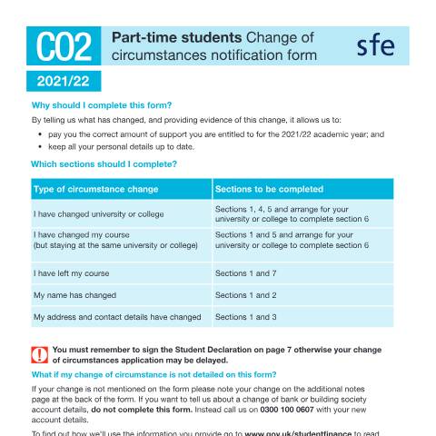 Document preview: Change of circumstances form for part-time students - 2021 to 2022 — Student Loans Company, United Kingdom
