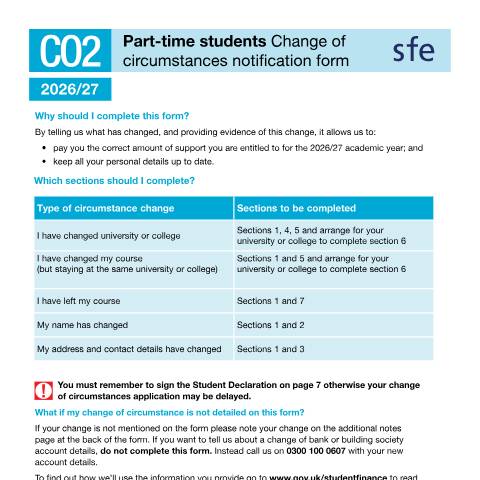Document preview: Change of circumstances form for part-time students — Student Loans Company, United Kingdom
