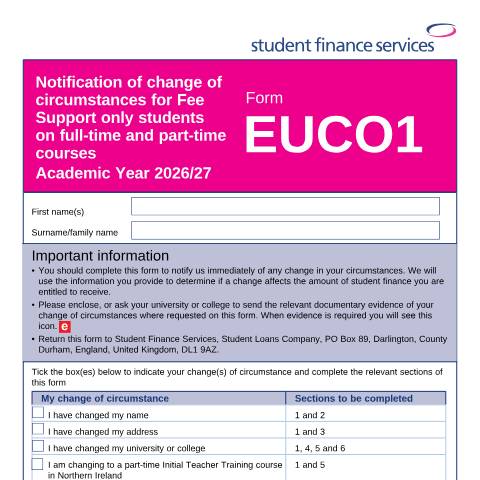 Document preview: Change of circumstances form for tuition fee only students — Student Loans Company, United Kingdom