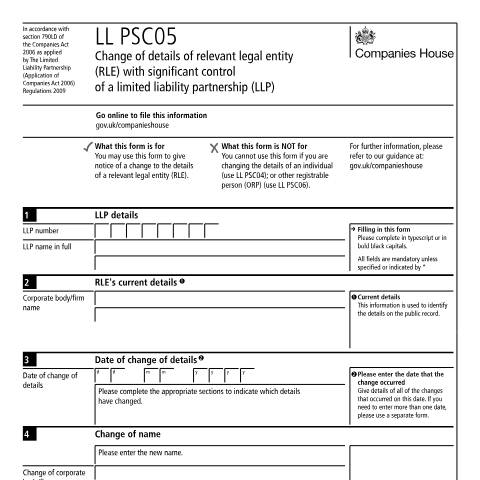 Document preview: Change of details of relevant legal entity (RLE) with significant control of a limited liability partnership (LLP) (LL PSC05) — Companies House, United Kingdom