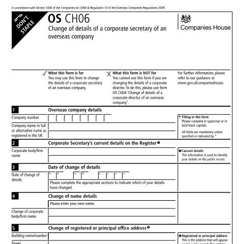 Document preview: Change details of a corporate secretary of an overseas company (OS CH06) — Companies House, United Kingdom