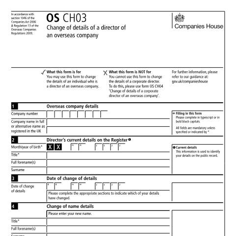 Document preview: Change details of a director of an overseas company (OS CH03) — Companies House, United Kingdom