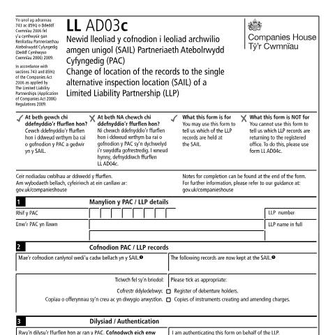 Document preview: Change location of records to the single alternative inspection location: limited liability partnership (LL AD03c) — Companies House, United Kingdom