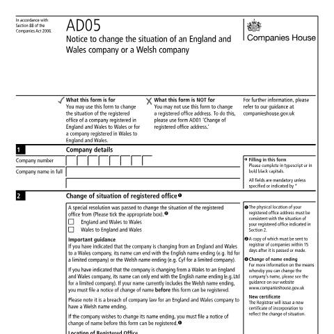 Document preview: Change situation of England and Wales or Welsh company (AD05) — Companies House, United Kingdom