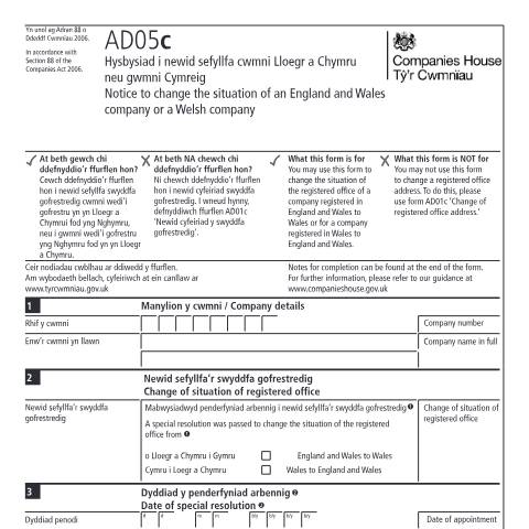Document preview: Change situation of England and Wales or Welsh company (AD05c) — Companies House, United Kingdom