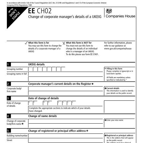Document preview: Change the details of a corporate manager of a UK economic interest grouping (UKEIG) where the official address is in the UK (EE CH02) — Companies House, United Kingdom