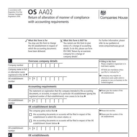 Document preview: Change the UK establishment in respect of which the accounting documents have been delivered (OS AA02) — Companies House, United Kingdom