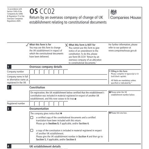 Document preview: Change the UK establishment in respect of which the constitutional documents have been delivered (OS CC02) — Companies House, United Kingdom