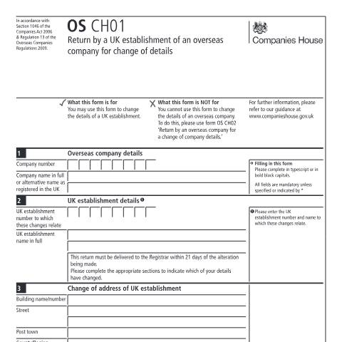 Document preview: Change the details of a UK establishment of an overseas company (OS CH01) — Companies House, United Kingdom