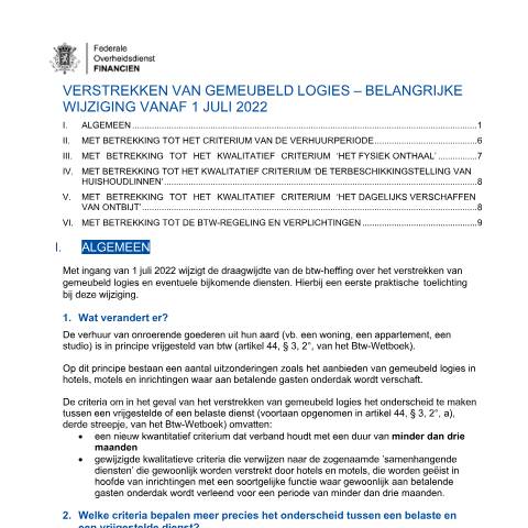 Aperçu du document Verstrekken van gemeubeld logies – Belangrijke wijziging vanaf 1 juli 2022 — Voor inrichtingen met een soortgelijke functie:, Belgique (CERFA n°123-verstrekken-gemeubeld-logies-btw-heffing)