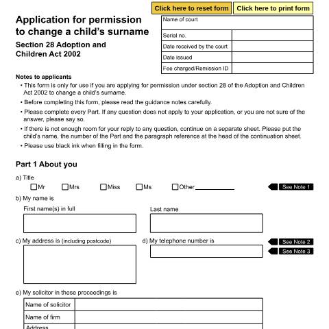Document preview: Application for permission to change a child's surname (Section 28 Adoption and Children Act 2002): Form A55 — HM Courts & Tribunals Service, United Kingdom