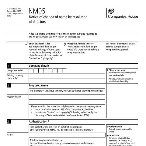 Document preview: Give notice of change of name by resolution of directors (NM05) — Companies House, United Kingdom