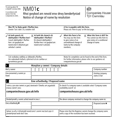 Document preview: Change a company name (NM01c) — Companies House, United Kingdom