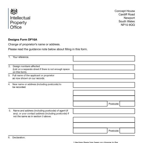 Document preview: Change of proprietor’s name or address — Intellectual Property Office, United Kingdom