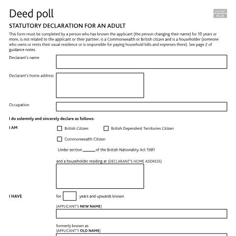 Document preview: Statutory declaration for changing your name by deed poll: Form LOC021 — HM Courts & Tribunals Service, United Kingdom