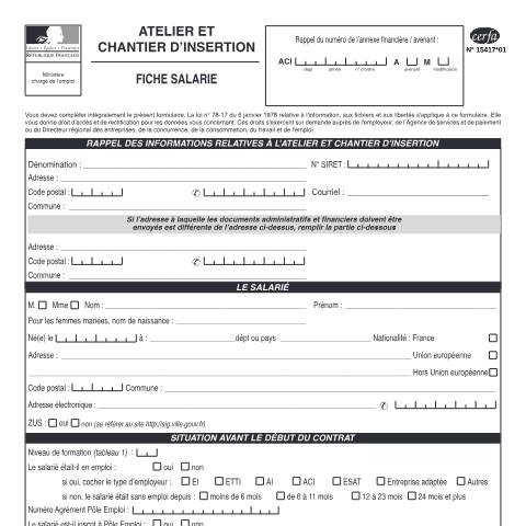 Aperçu du document Chantier d'insertion : fiche salarié — Particuliers, France (CERFA n°15417*01)