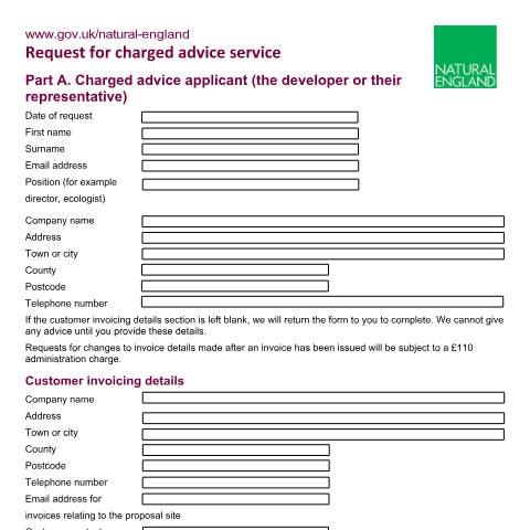 Document preview: Charged environmental advice service request form — Natural England, United Kingdom