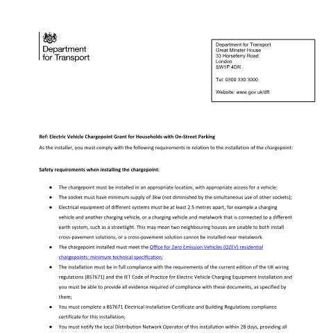Document preview: Chargepoint grant for households with on-street parking: installer claim form — Office for Zero Emission Vehicles, United Kingdom