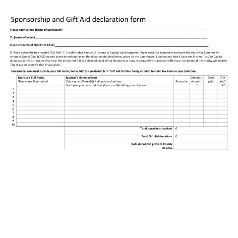 Document preview: Charities: Sponsorship and Gift Aid declaration form — HM Revenue & Customs, United Kingdom