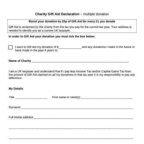 Document preview: Charities and CASC: Gift Aid declaration forms for multiple donation — HM Revenue & Customs, United Kingdom