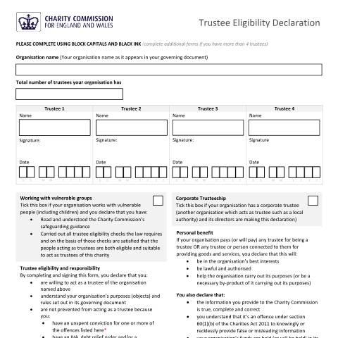 Document preview: Charity trustee: declaration of eligibility and responsibility — The Charity Commission, United Kingdom