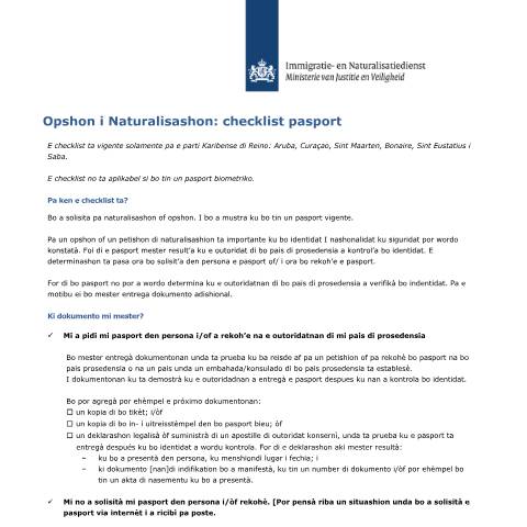 Documentvoorvertoning: Opshon i Naturalisashon: checklist pasport - Papiaments (Curaçao) — IND — immigratie, Nederland (CERFA n°4004 - Papiaments (Curaçao))