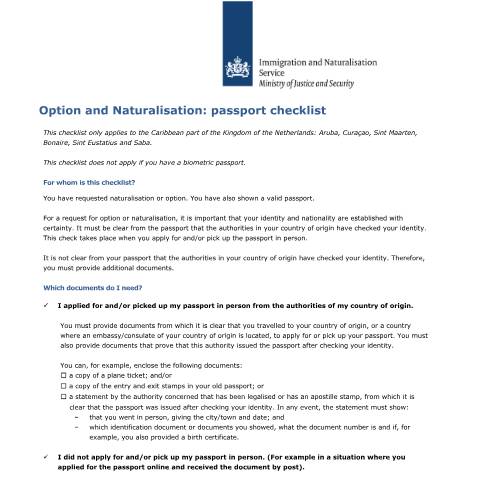 Documentvoorvertoning: Option and Naturalisation: passport checklist — IND — immigratie, Nederland (CERFA n°4504)