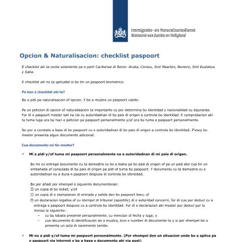 Documentvoorvertoning: Opcion & Naturalisacion: checklist paspoort - Papiaments (Aruba) — IND — immigratie, Nederland (CERFA n°4004 Papiaments (Aruba))