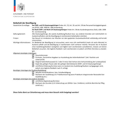 Dokumentvorschau: Checkliste — Ausländer-/Passamt — Beibehalt Der Bewilligung, Liechtenstein (CERFA n°checkliste-beibehalt-der-bewilligung)