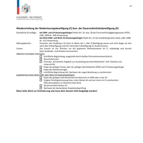 Dokumentvorschau: Checkliste mit Erwerbstätigkeit — Ausländer-/Passamt — Daueraufenthalt Und Niederlassung, Liechtenstein (CERFA n°checkliste-wiedererteilung-mit-stellenantritt-c-d)