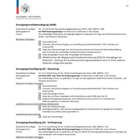 Dokumentvorschau: Checkliste — Ausländer-/Passamt — Erwerbstaetigkeit Ohne Wohnsitznahme, Liechtenstein (CERFA n°checkliste-stellenantritt-ohne-wohnsitznahme-gmb-g-bib)