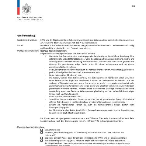 Dokumentvorschau: Checkliste — Ausländer-/Passamt — Familiennachzug, Liechtenstein (CERFA n°checkliste-familiennachzug-lp)