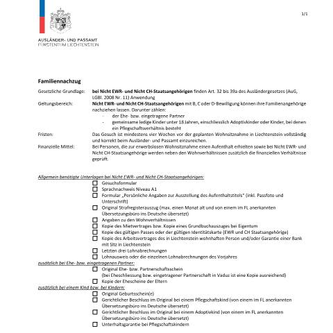 Dokumentvorschau: Checkliste — Ausländer-/Passamt — Familiennachzug, Liechtenstein (CERFA n°checkliste-fnz-dritt)