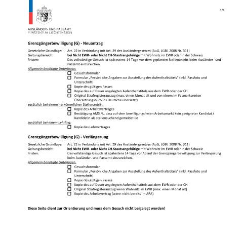 Dokumentvorschau: Checkliste — Ausländer-/Passamt — Erwerbstaetigkeit Ohne Wohnsitznahme, Liechtenstein (CERFA n°checkliste-g)