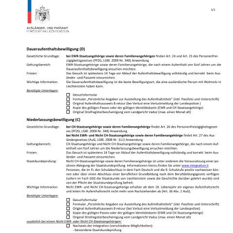 Dokumentvorschau: Checkliste — Ausländer-/Passamt — Daueraufenthalt Und Niederlassung, Liechtenstein (CERFA n°checkliste-erteilung-niederlassung_daueraufenthalt)