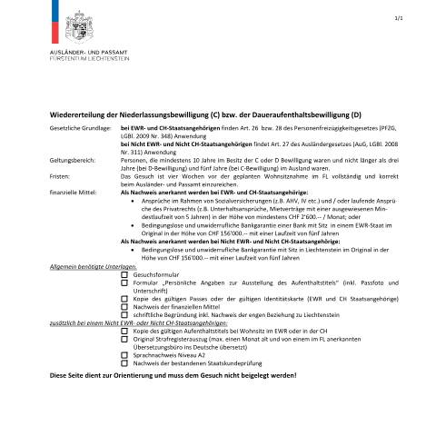 Dokumentvorschau: Checkliste ohne Erwerbstätigkeit — Ausländer-/Passamt — Daueraufenthalt Und Niederlassung, Liechtenstein (CERFA n°checkliste-wiedererteilung-ohne-stellenantritt-c-d)