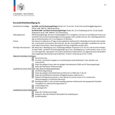 Dokumentvorschau: Checkliste — Ausländer-/Passamt — Wohnsitz In Liechtenstein Zur Erwerbstaetigkeit, Liechtenstein (CERFA n°checkliste-stellenantritt-mit-wohnsitznahme-l)