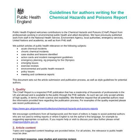 Document preview: Chemical hazards and poisons report: permission form and guidance — Public Health England, United Kingdom