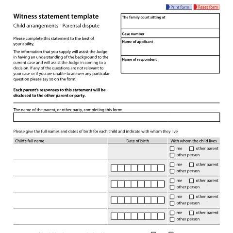 Document preview: Witness Statement template: Child arrangements - Parental dispute: Form C120 — HM Courts & Tribunals Service, United Kingdom