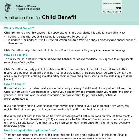 Document preview: Operational Guidelines: Child Benefit — application form child benefit cb1 — Department of Social Protection, Ireland (CERFA n°CB1)