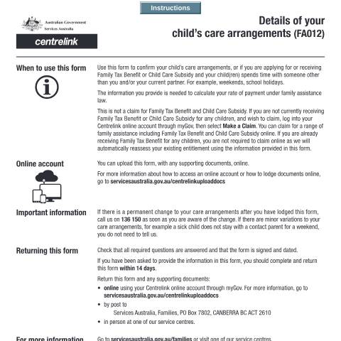 Document preview: Details of your child’s care arrangements — Services Australia — Individuals (by code), Australia (CERFA n°FA012)