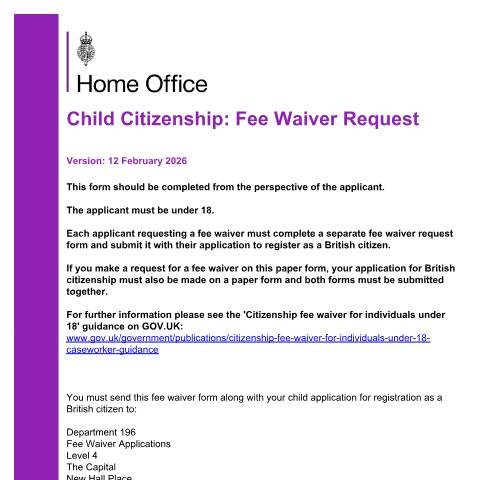 Document preview: Child citizenship fee waiver request — UK Visas and Immigration, United Kingdom