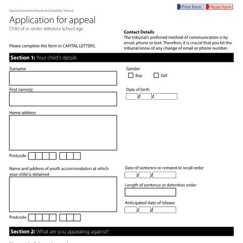 Document preview: Appeal form – child detained in youth accommodation: Form SEND28 — HM Courts & Tribunals Service, United Kingdom