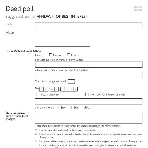 Document preview: Affidavit (statement) of best interest for a child deed poll: LOC023 — HM Courts & Tribunals Service, United Kingdom
